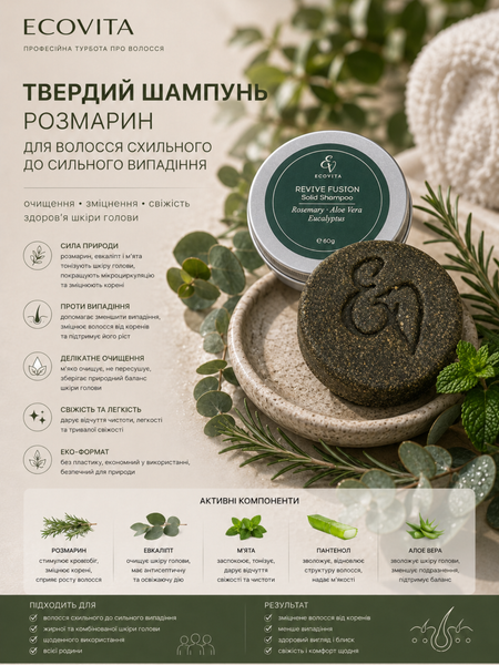 Твердий шампунь &mdash; догляд для волосся, схильного до випадіння ECOVITA REVIVE FUSION з розмарином EV-SH-60-1118 фото